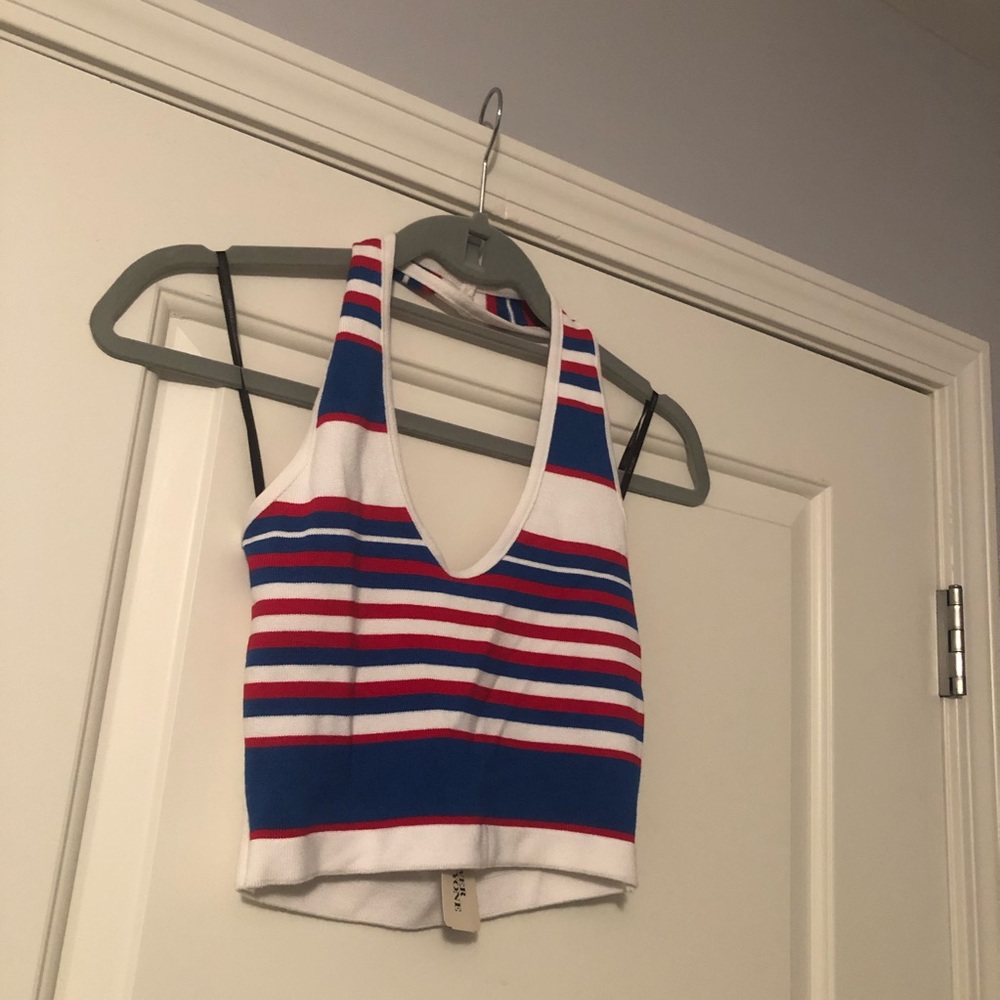 Red, white and blue knit halter top